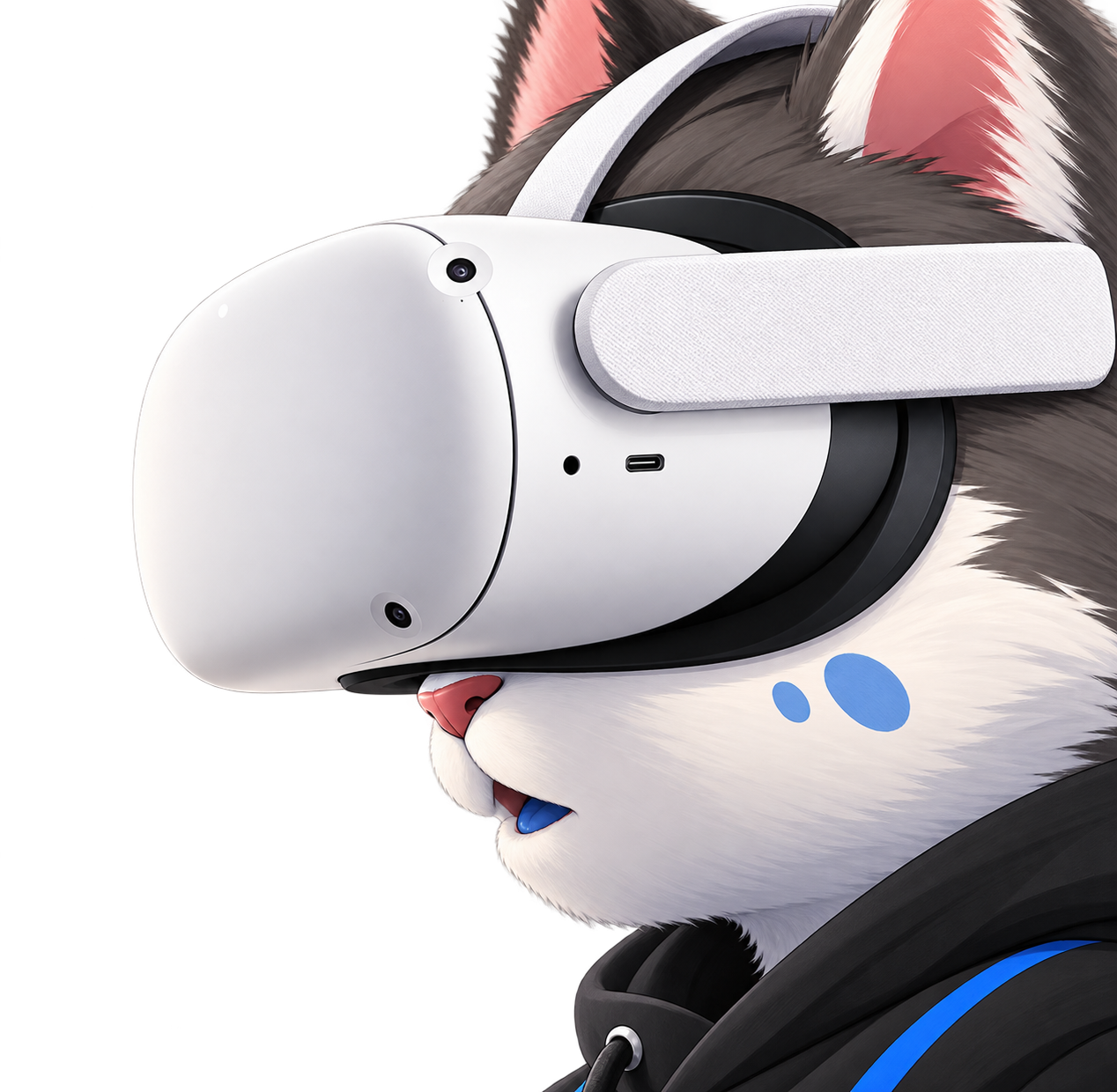 Close-up profile of Meowta's VR headset, white plastic with the infinity mark and camera sensors